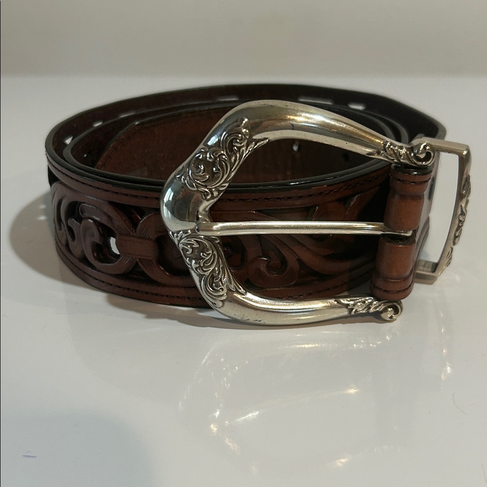 Vintage 90’s Brighton Tooled Leather Scroll Belt Silver Buckle – Size XL 36